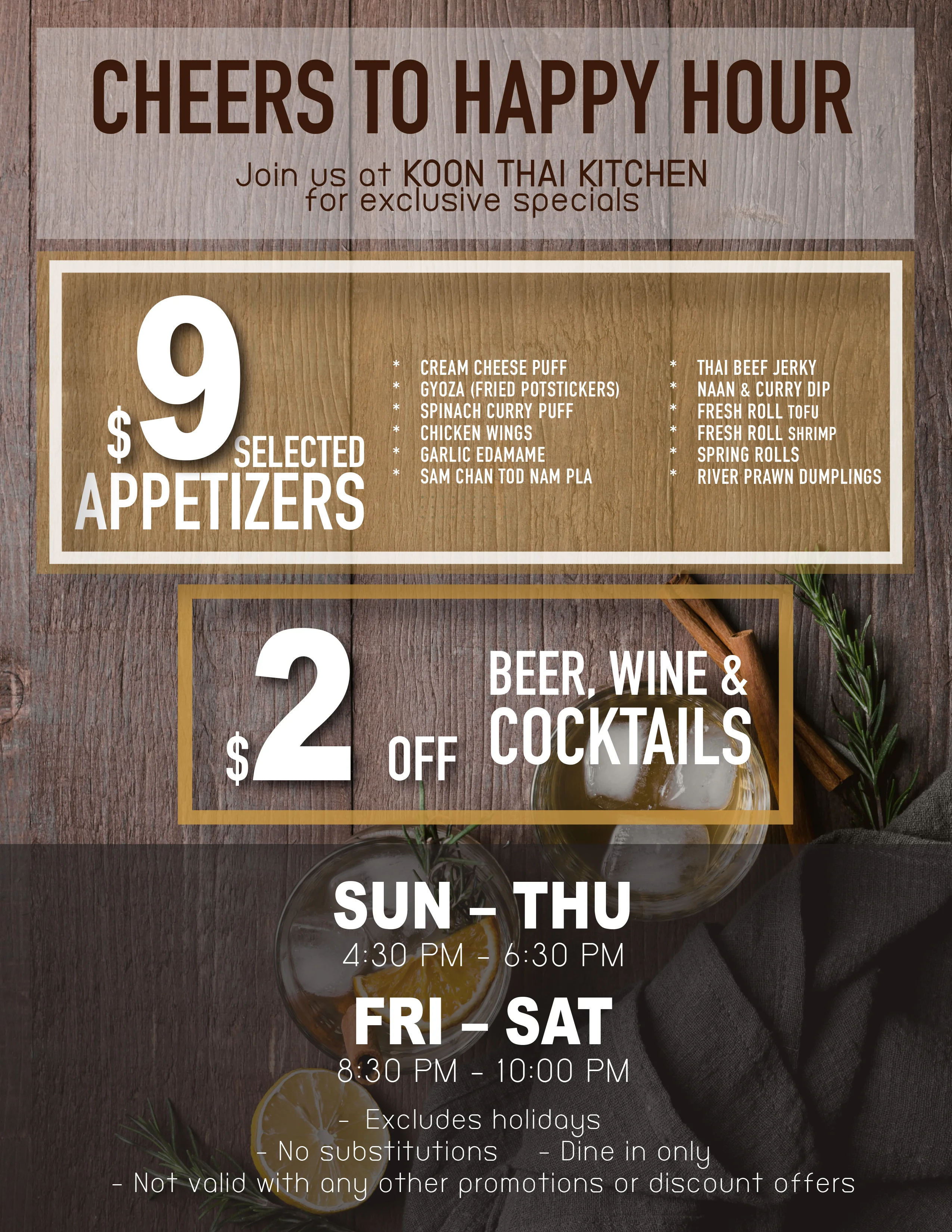 Happy hour specials at Koon Thai Kitchen with appetizers and drinks