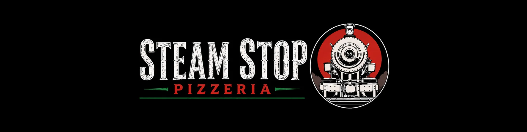 Logo of Steam Stop Pizzeria featuring a vintage train design