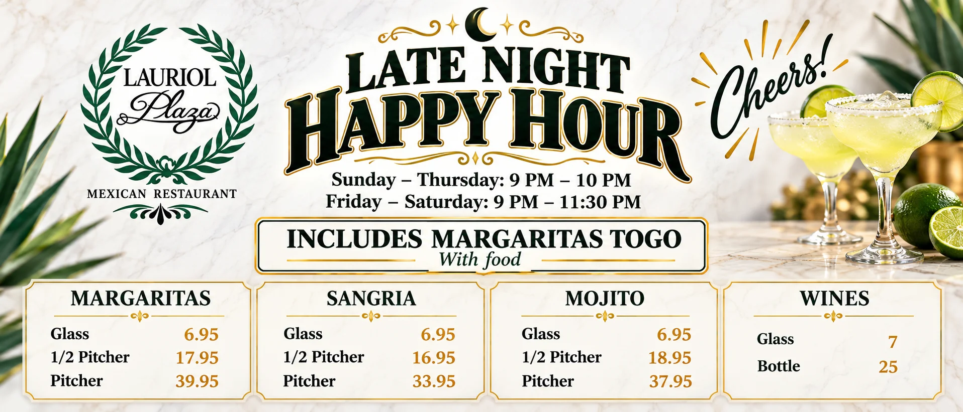 Late night happy hour menu at a Mexican restaurant featuring cocktails and prices
