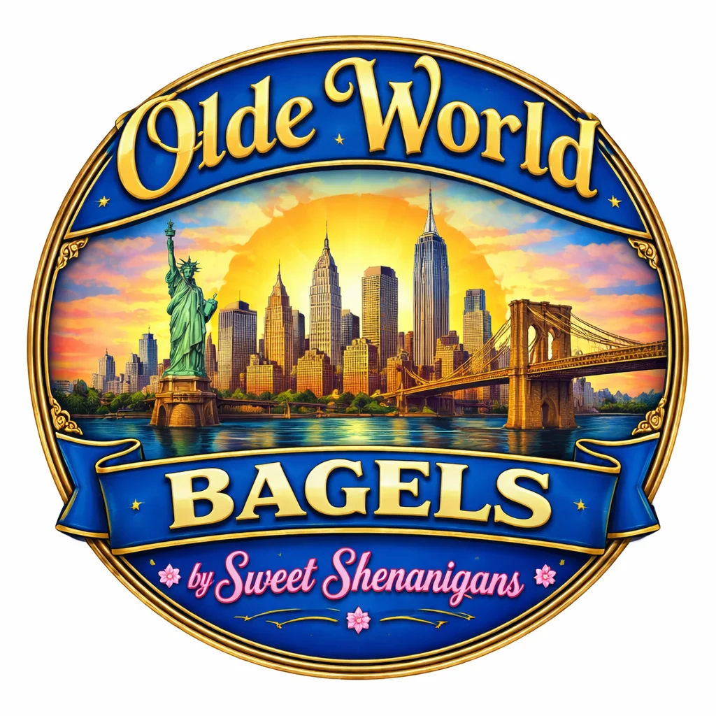 A detailed illustration of a bagel shop logo showcasing famous city landmarks.