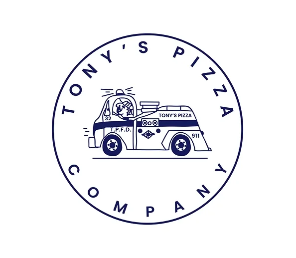 Logo of Tony's Pizza Company featuring a pizza delivery vehicle