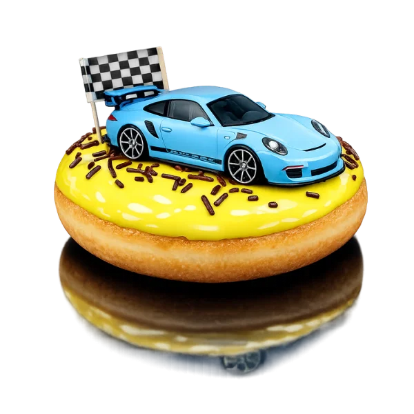 Hot Wheels themed brioche donut with vanilla glaze, green drizzle, sprinkles, vanilla wafer, and toy car