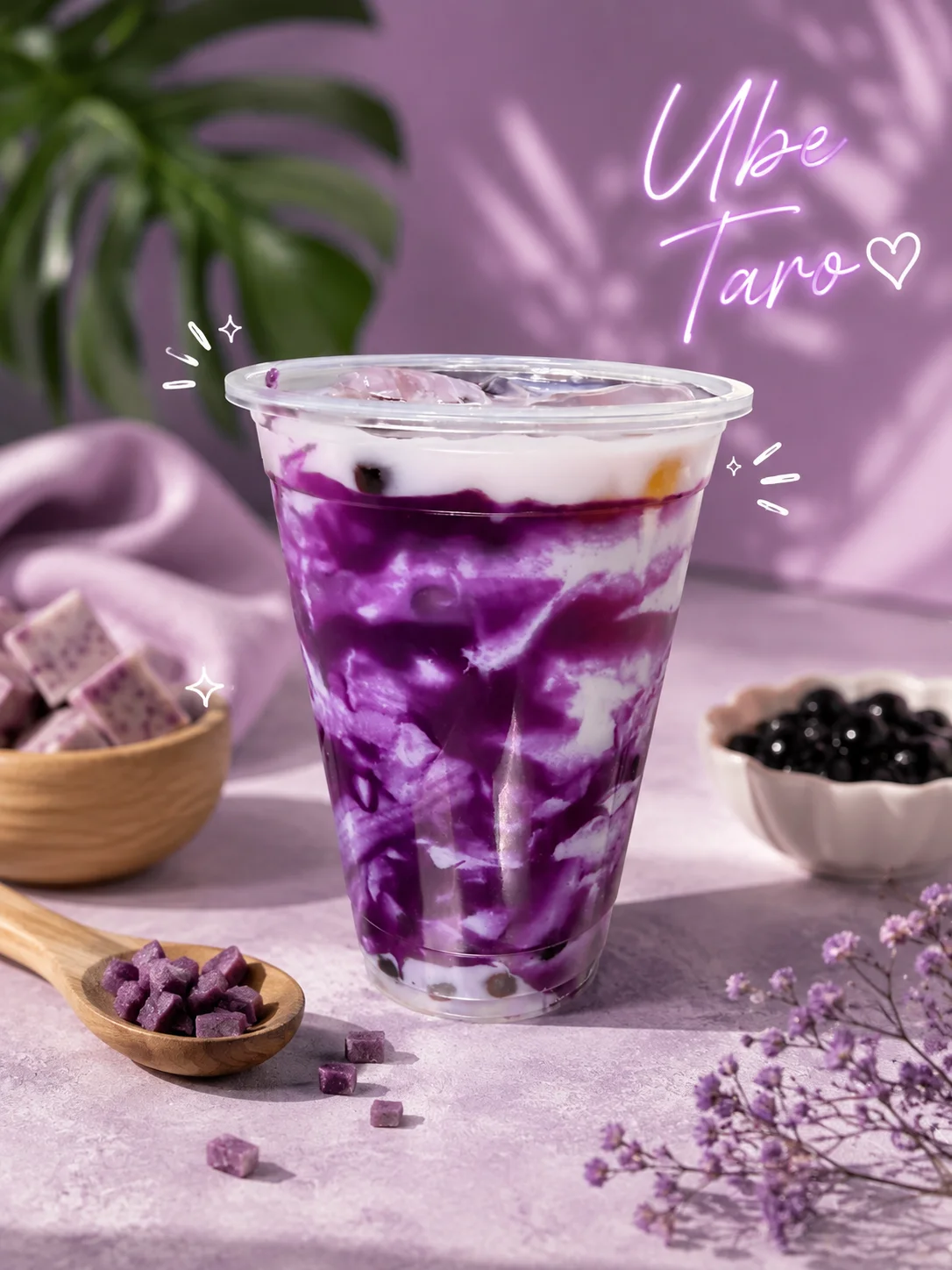 Vibrant ube taro drink with creamy layers and purple hues