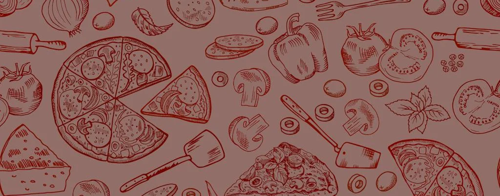 Artistic illustration of various pizzas and ingredients