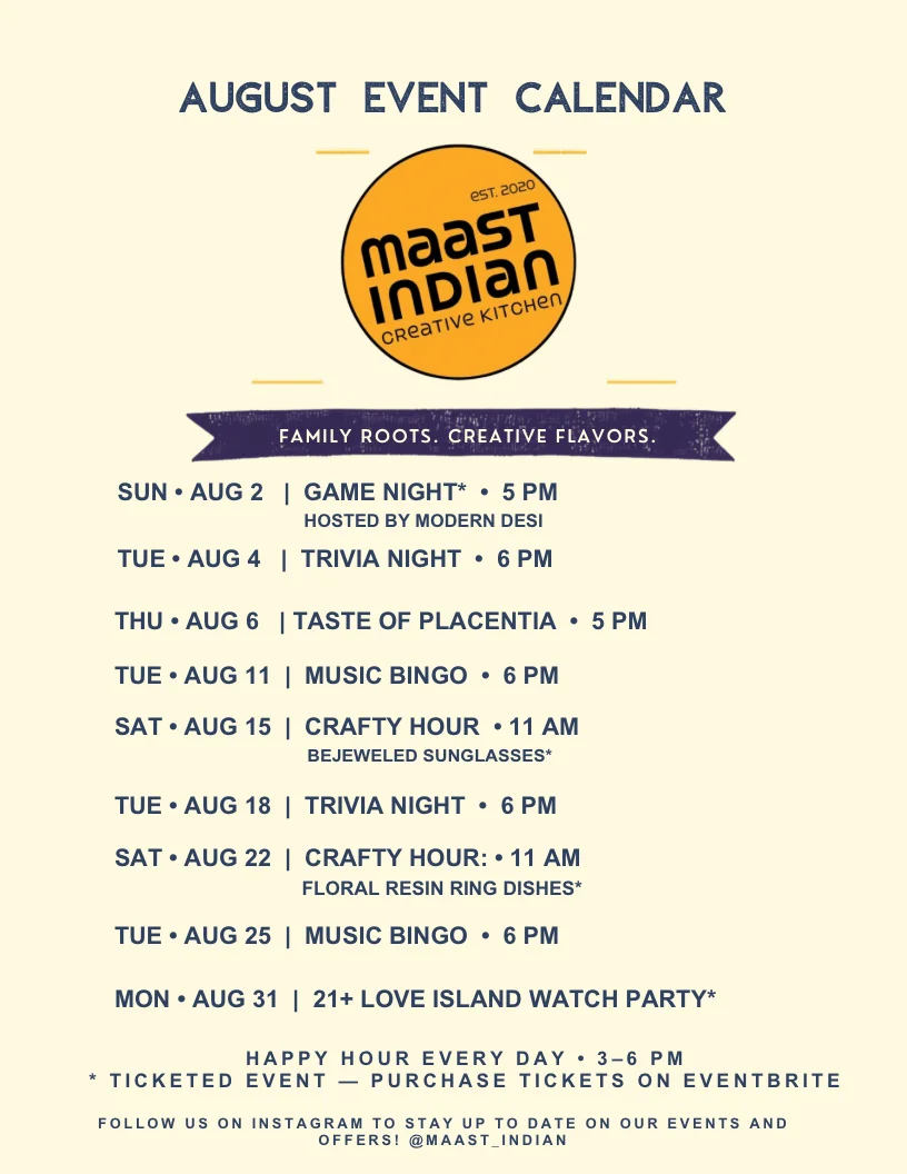 Event calendar for Maast Indian restaurant's anniversary celebrations