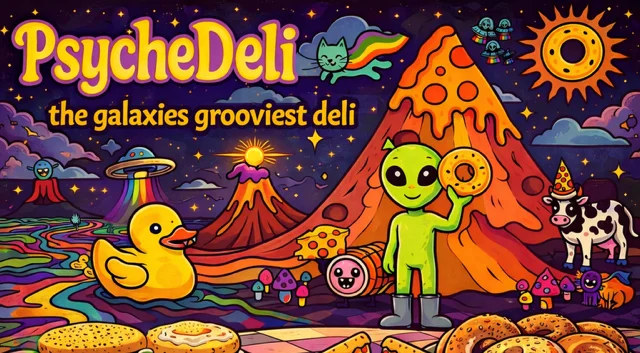 Colorful deli illustration featuring alien and food characters
