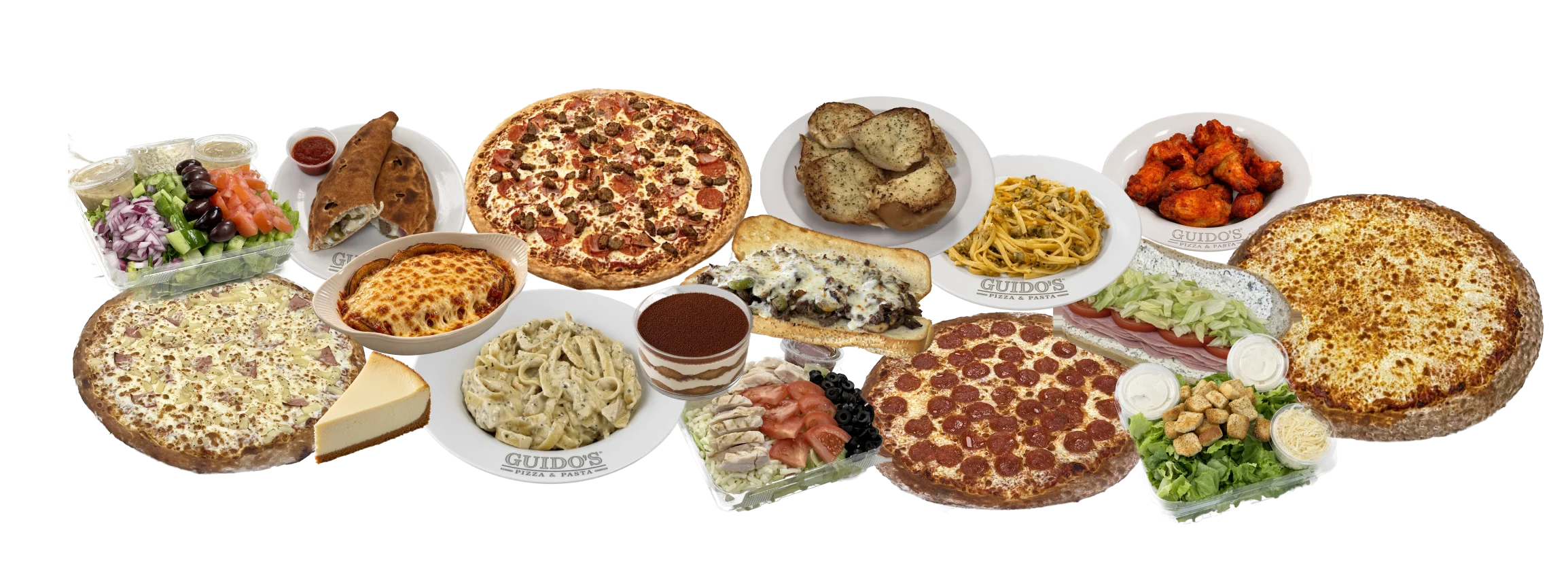 Variety of Italian pizzas and pasta dishes on display