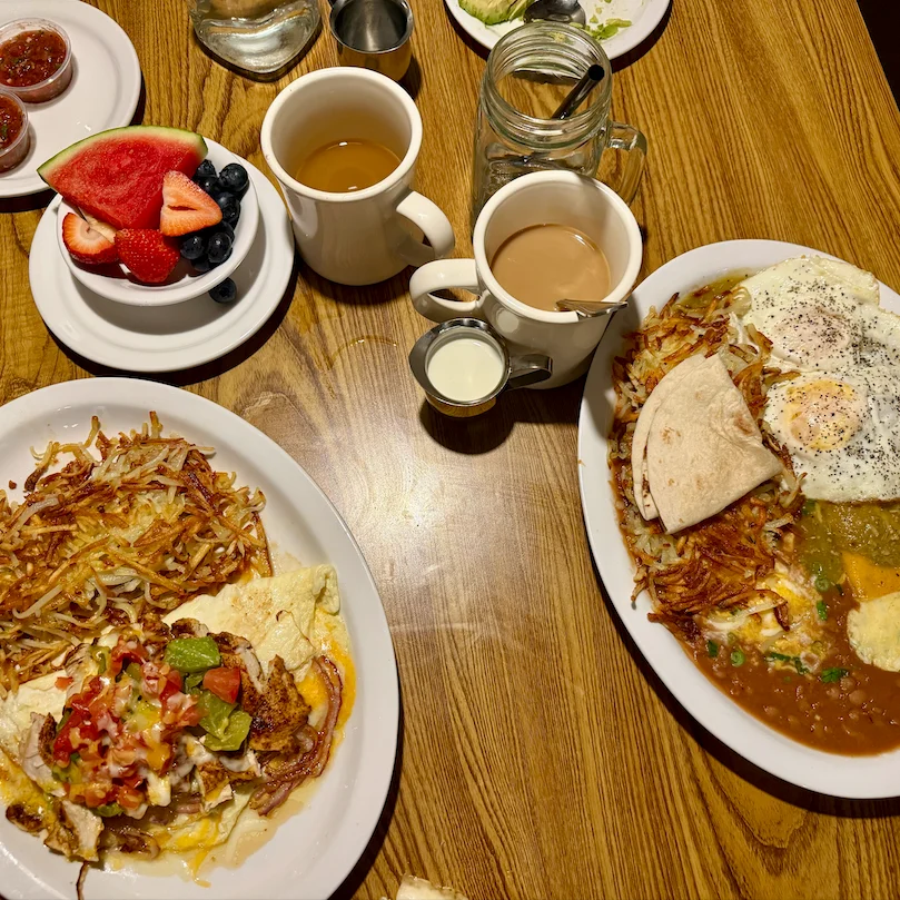 Hearty Mexican breakfast platter with eggs and hash browns