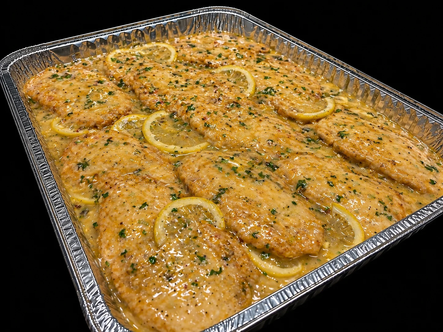 Baked lemon herb tilapia fillets in a serving tray