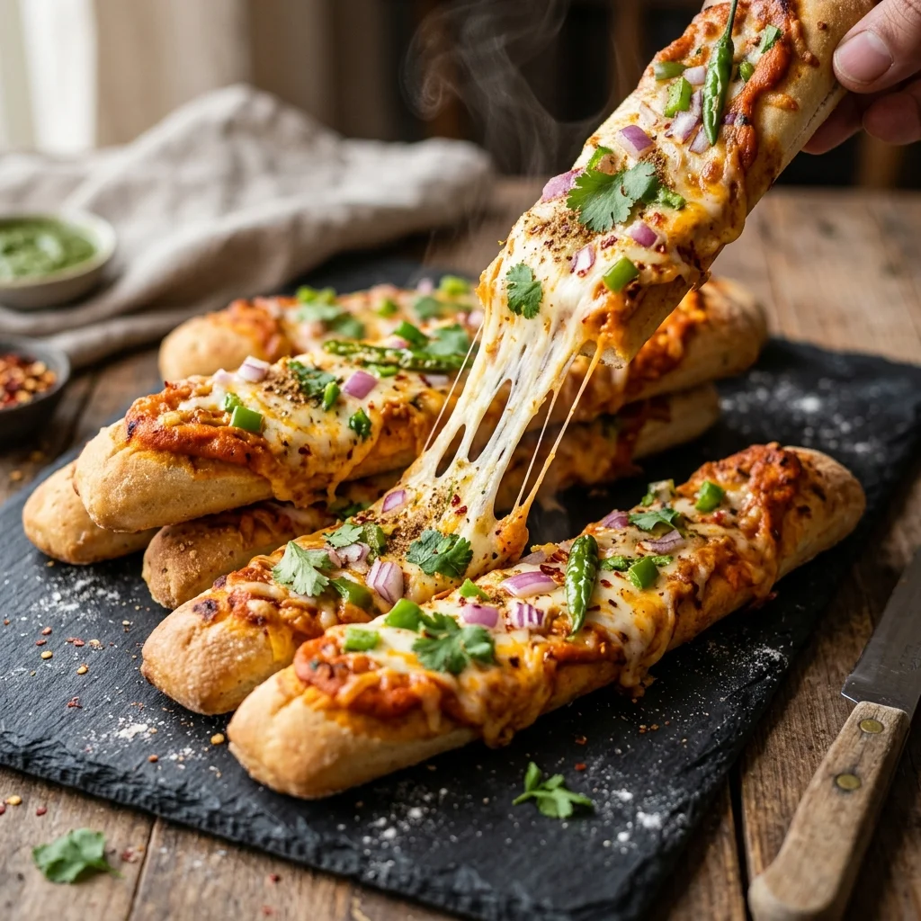 Cheesy Indian-style breadsticks topped with herbs