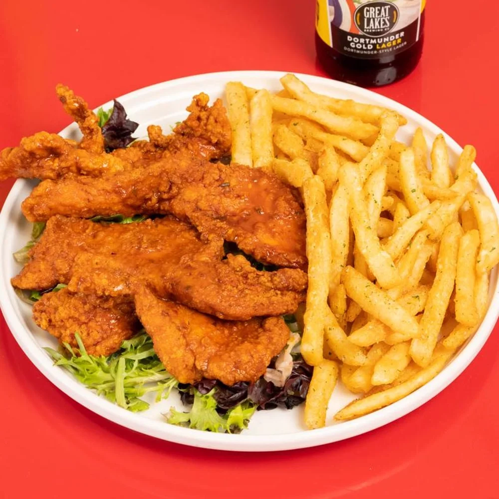 Southern fried chicken with crinkle-cut fries