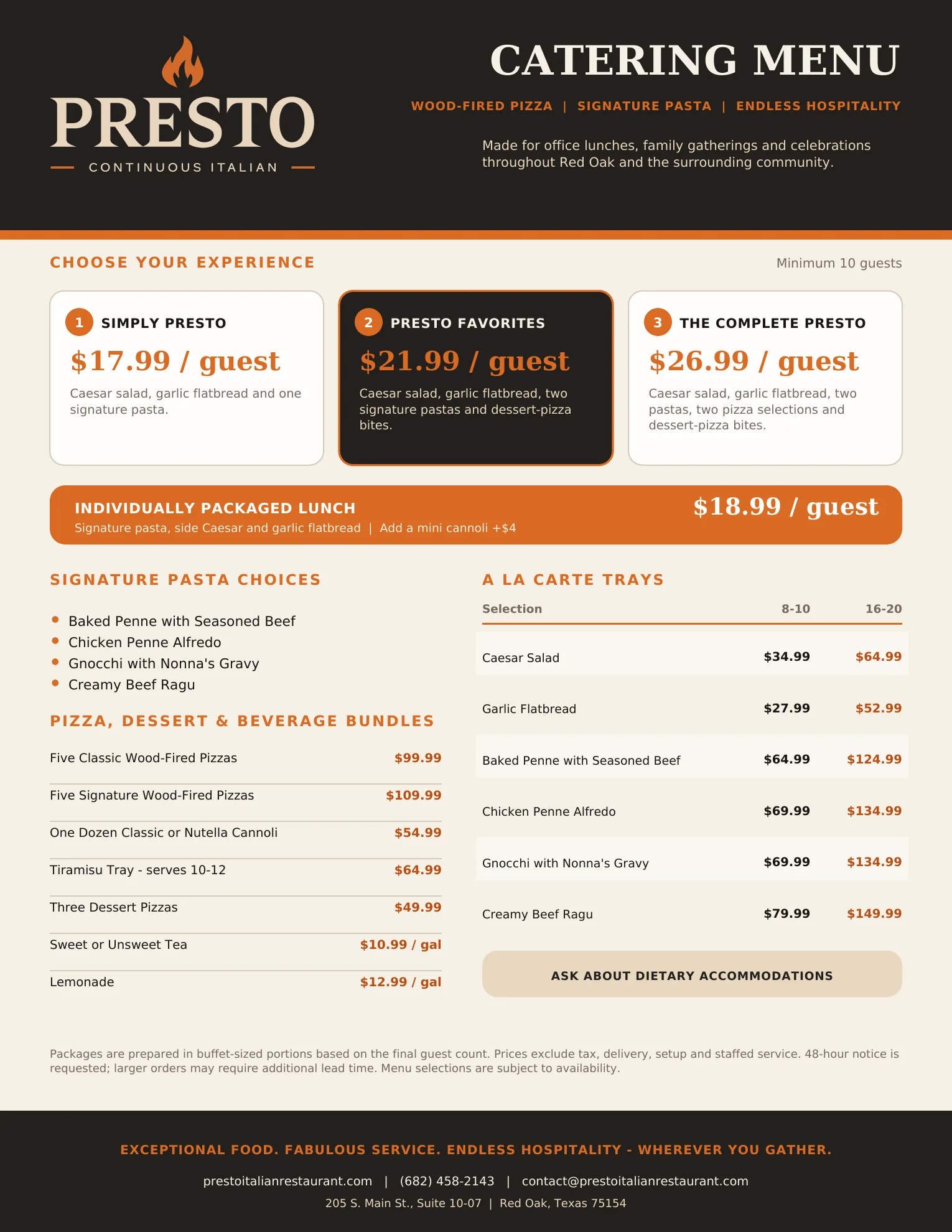 Catering menu for Italian wood-fired pizza and pasta dishes