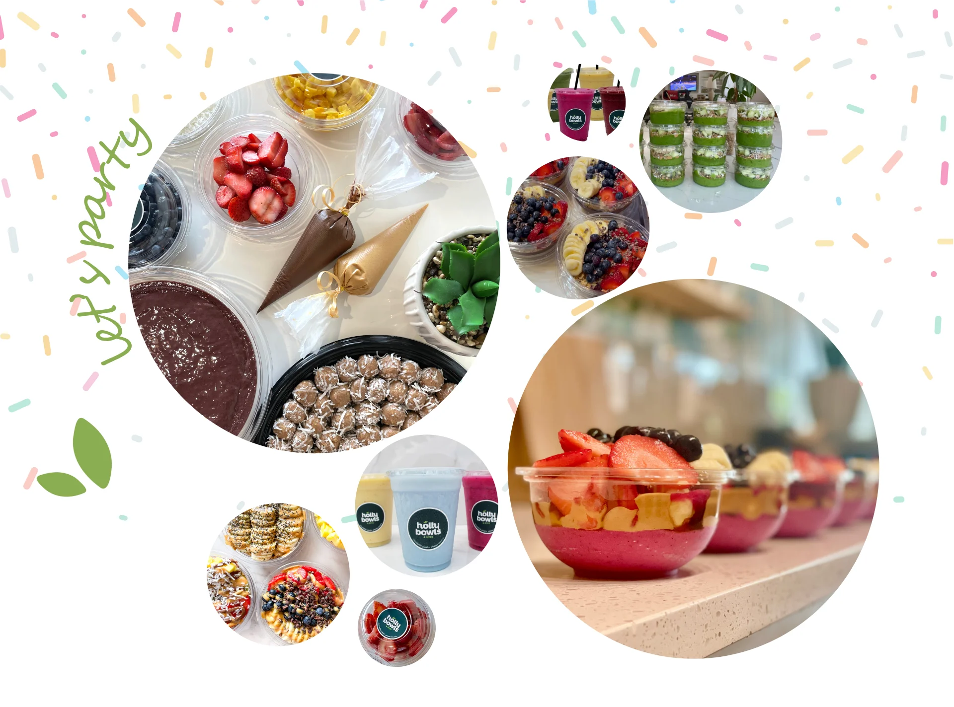 This is an image of four catering options; a build your own organic acai bowl, regular size grab and go bowls, a protein bite platter, and smoothies. 