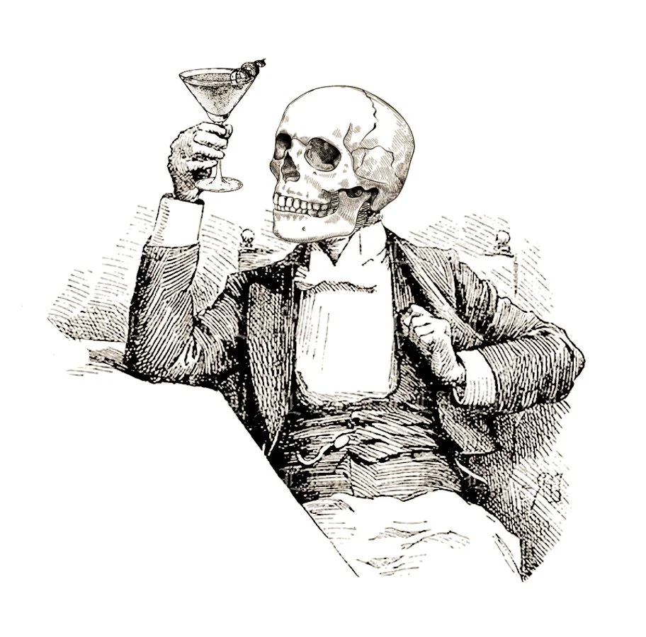 Vintage illustration of a skeleton enjoying a cocktail