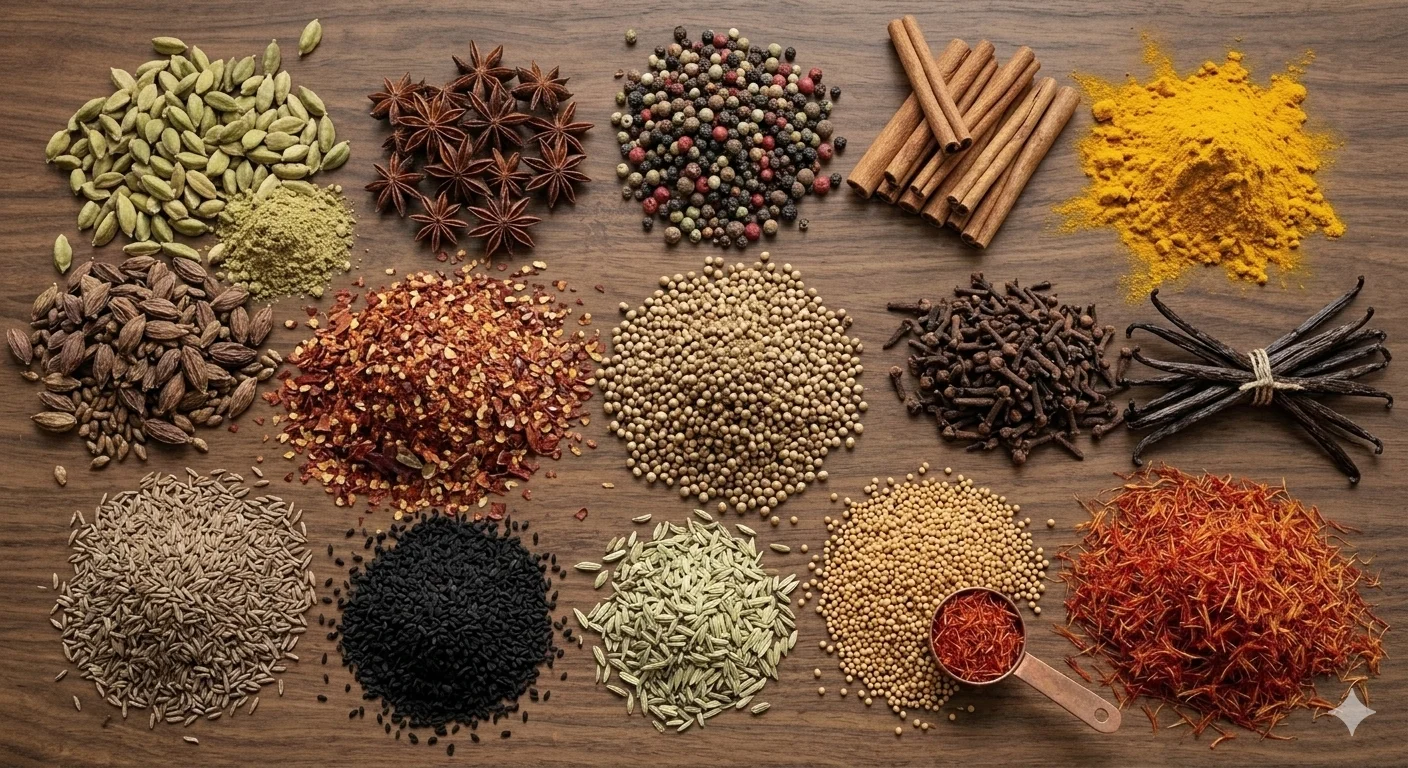 Variety of spices for Indian cuisine on a wooden surface