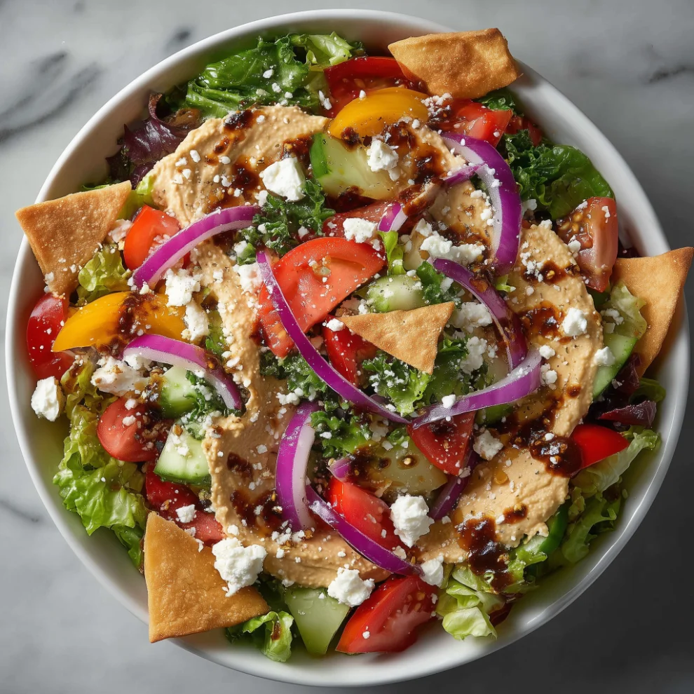 Best Mediterranean salad near me—mixed greens, cucumbers, tomatoes, feta, olives & hummus at Allegheny Crepery, Hollidaysburg-Altoona PA