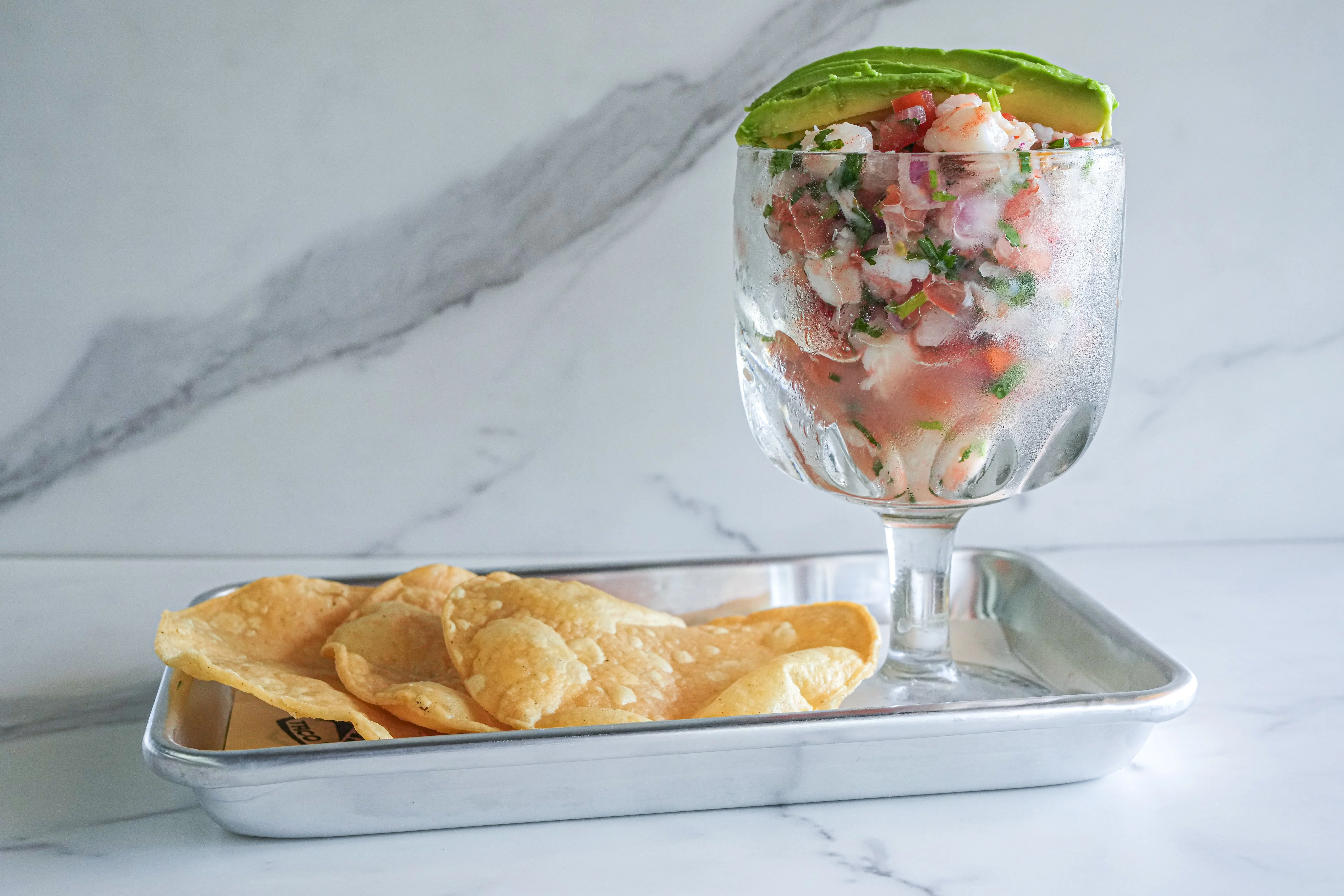 Plated Shrimp Ceviche with tostadas