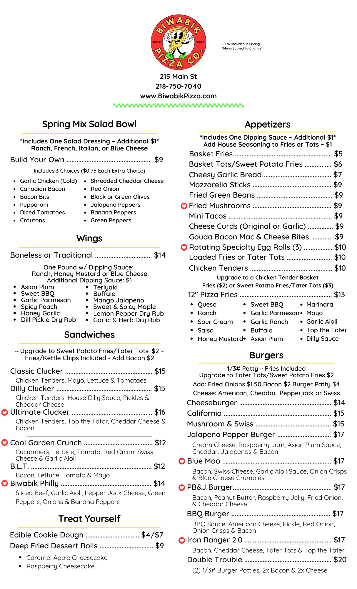 Dine-in menu featuring various food and drink options for April 2026.