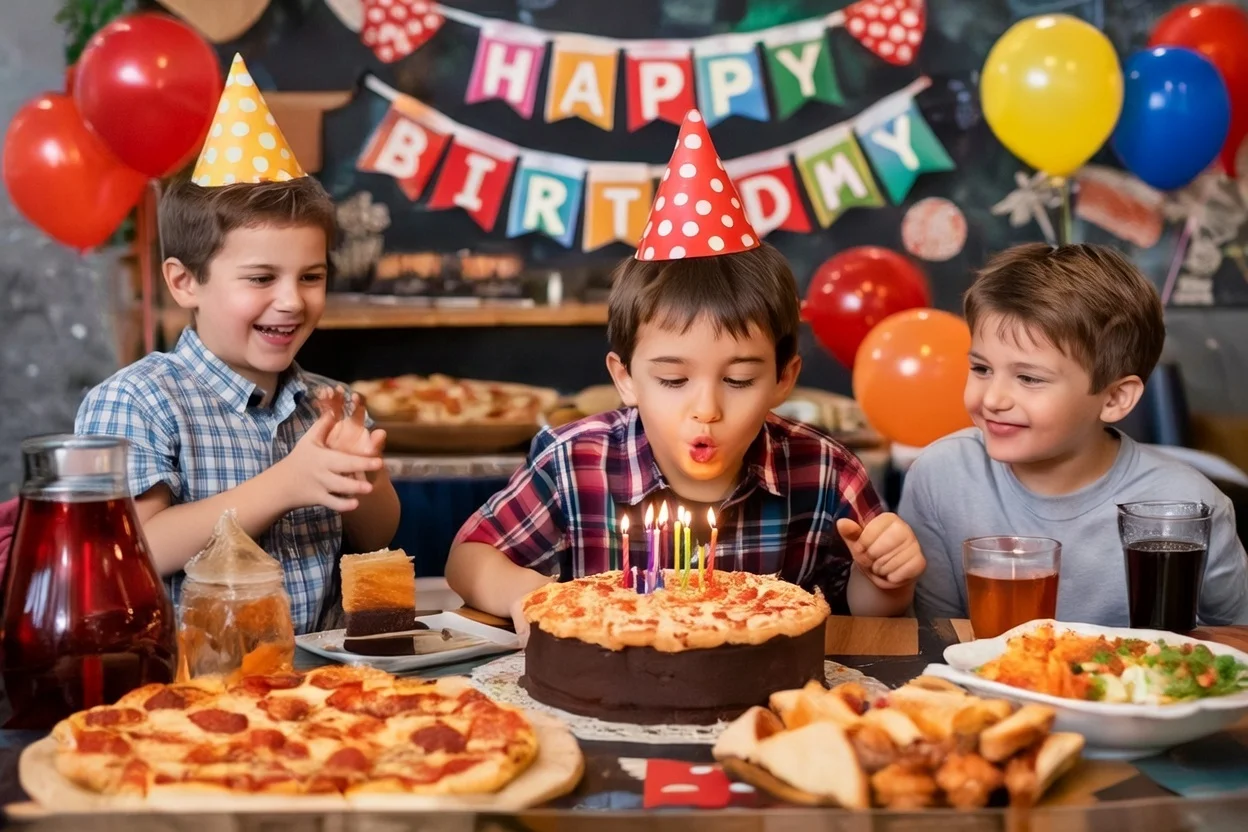 Kids celebrating a birthday party with pizza, cake, and candles at Tommy’s Pizza in South Richmond Hill, Queens NY