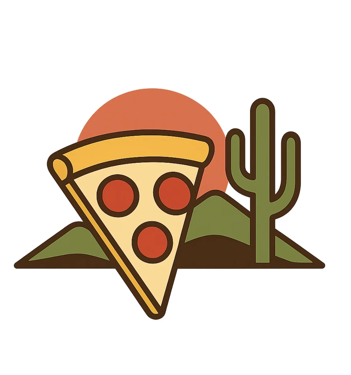 Stylized pepperoni pizza with desert landscape and cactus