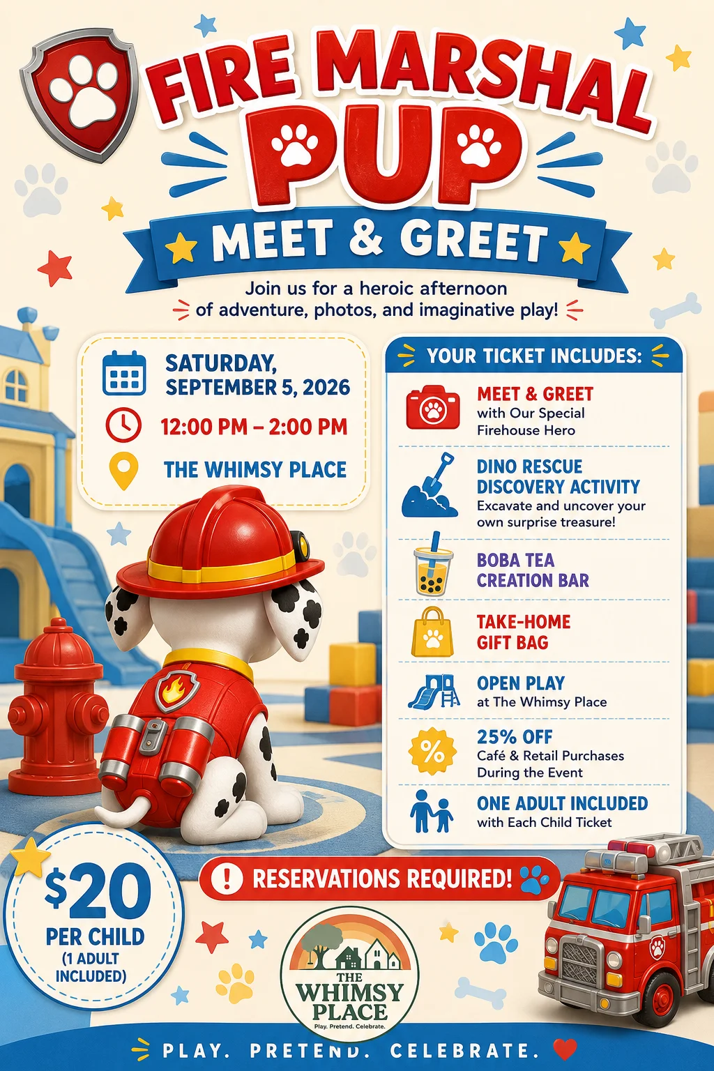 An event flyer for a 'Fire Marshal Pup Meet & Greet', detailing activities like a Dino Rescue Discovery, boba tea creation, and open play. The event is scheduled for September 5, 2026.