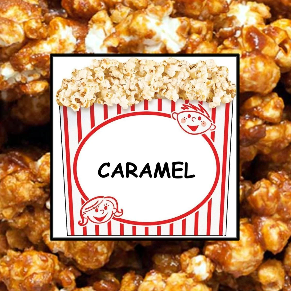 A container of caramel popcorn featuring a playful design with a cheerful character. The popcorn has a glossy caramel coating.