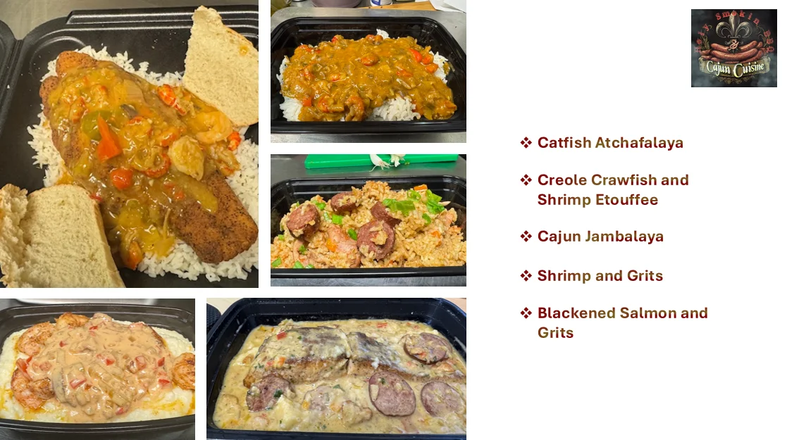 Cajun seafood dishes including jambalaya and shrimp and grits