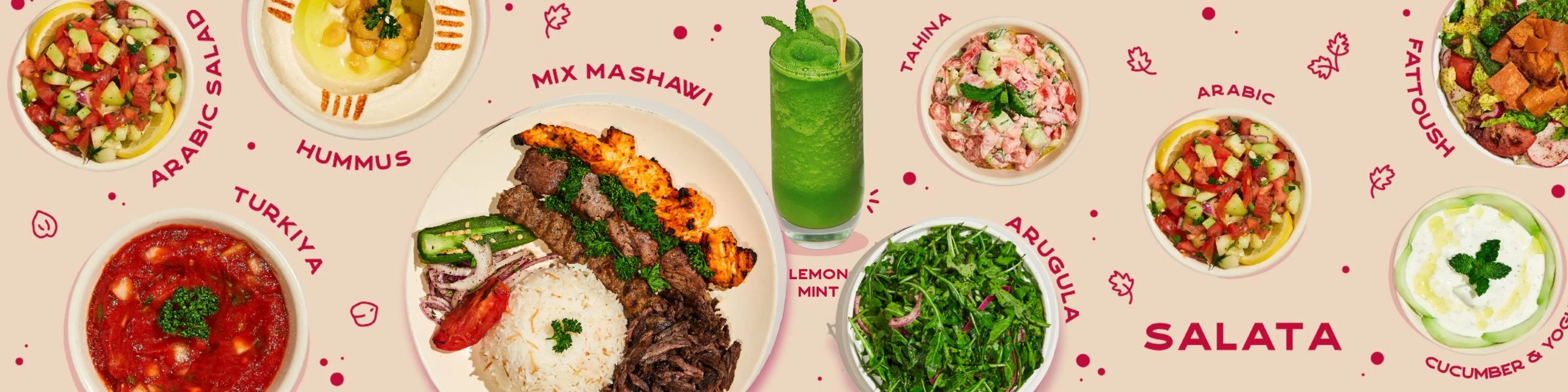 Assorted Middle Eastern dishes including hummus and mixed grill platter