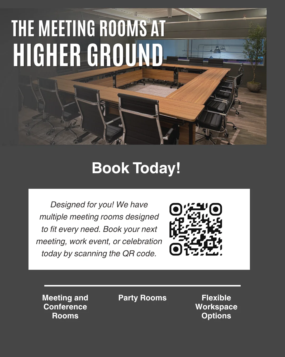 Modern meeting room setup with wooden table and ergonomic chairs