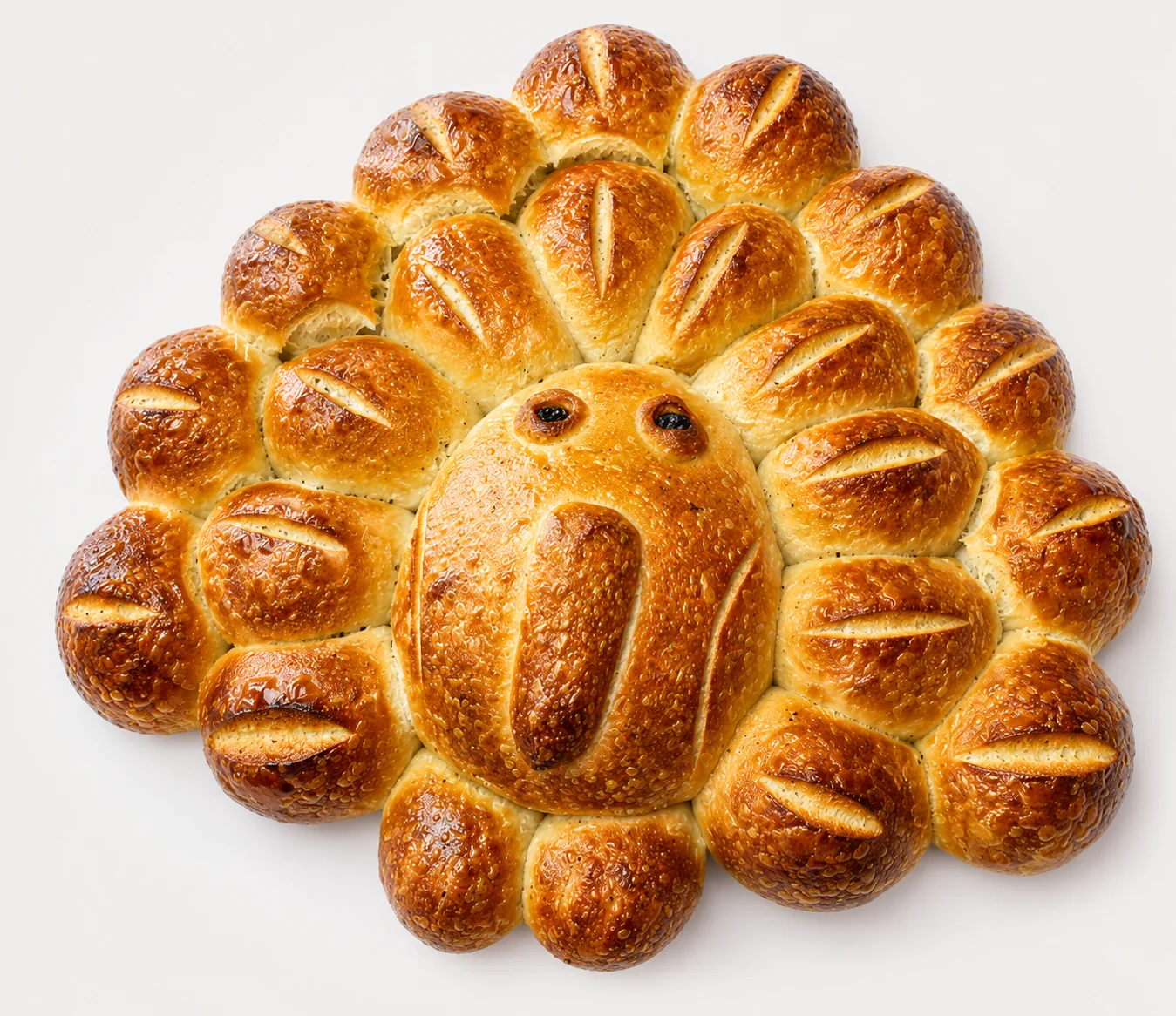 Creative bread shaped like a turkey with a golden-brown crust.