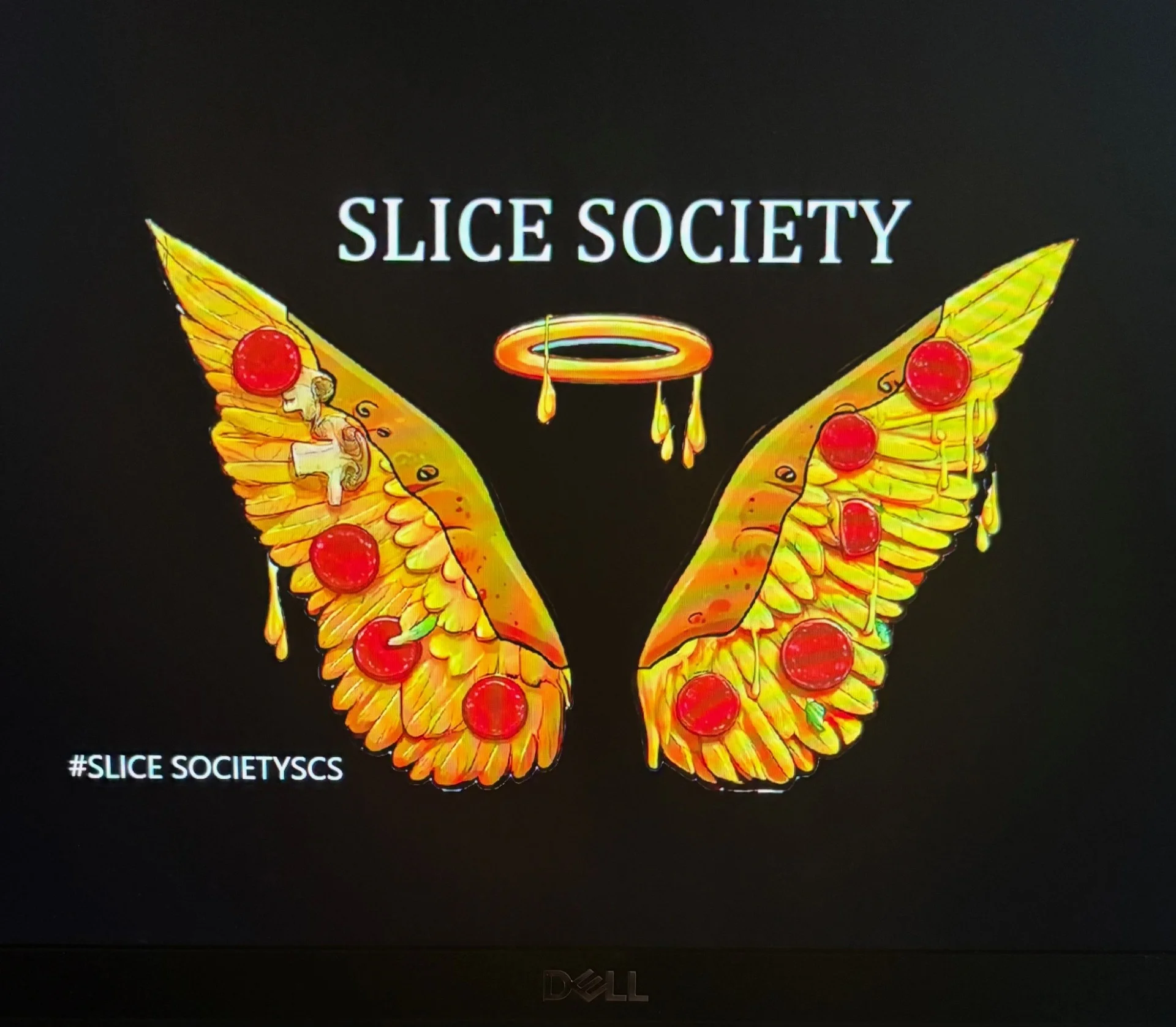 Artistic logo for Slice Society featuring pizza and angel wings