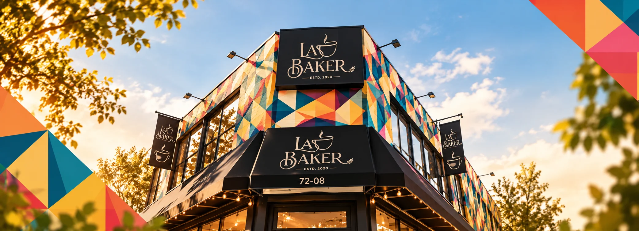 Vibrant bakery café counter with pastries and coffee service