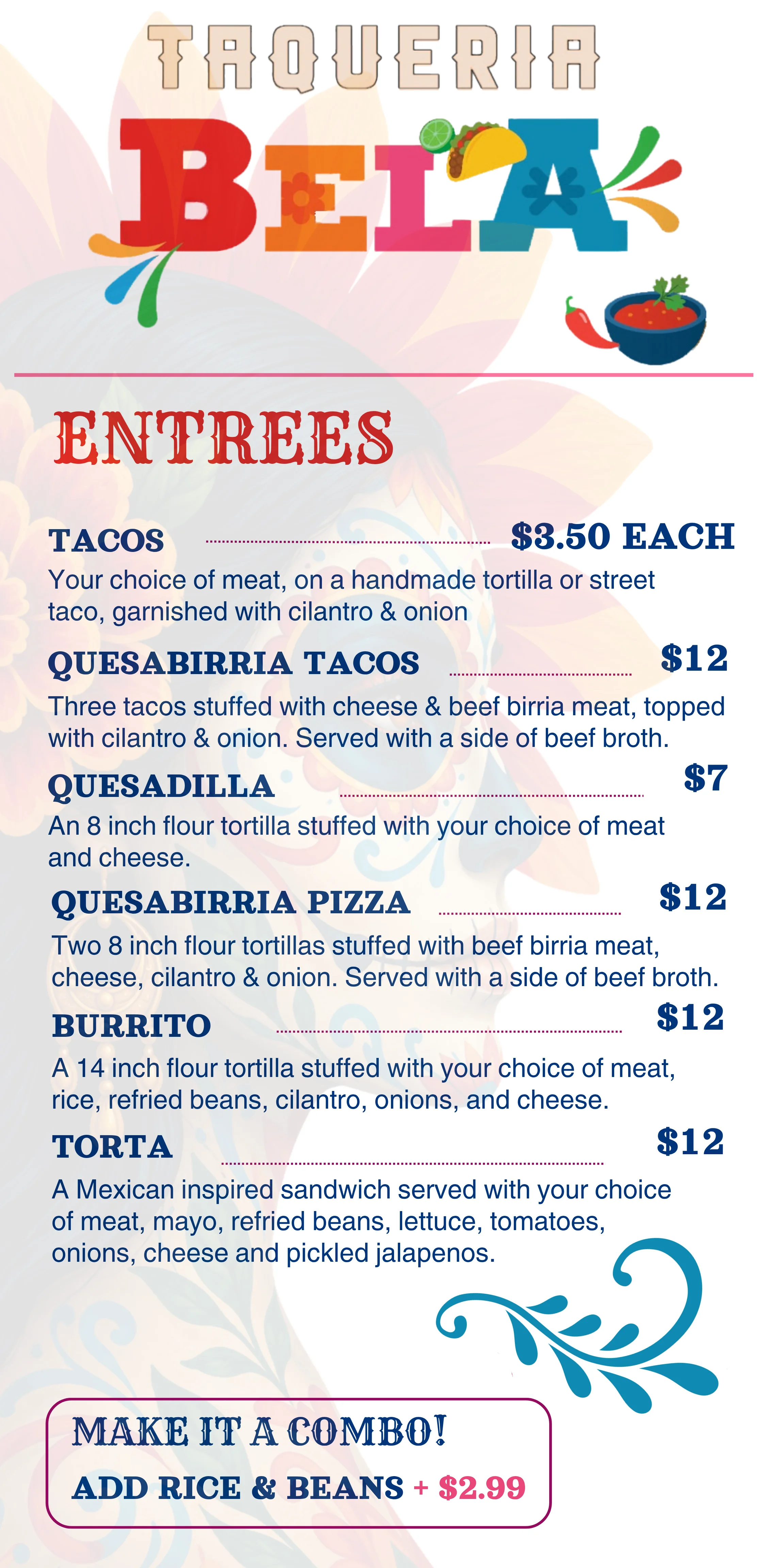 Colorful menu of Mexican taqueria entrees featuring tacos and quesabirria dishes
