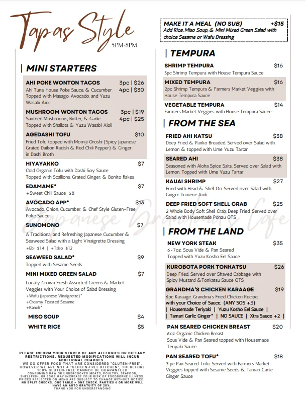 Japanese tapas menu featuring tempura and seafood dishes