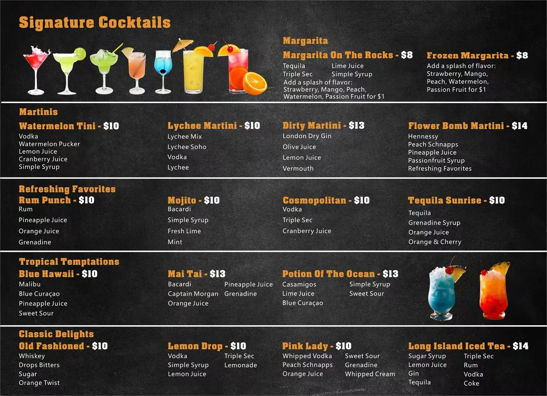 Colorful cocktail menu featuring signature drinks