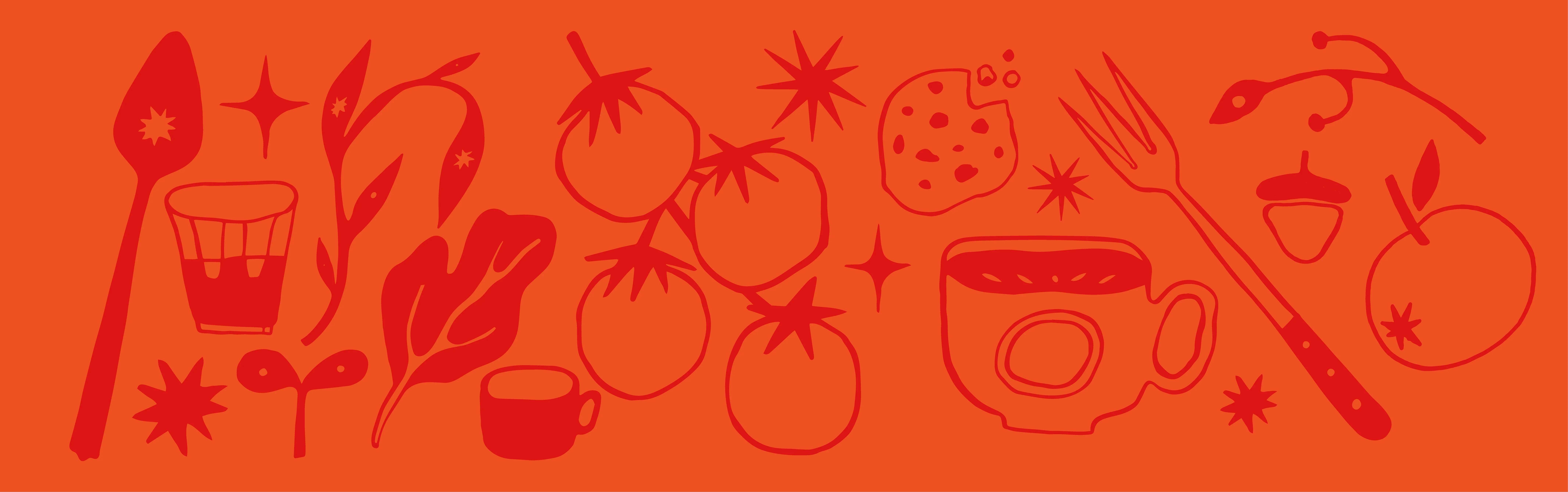 Colorful food-themed illustration with utensils and ingredients