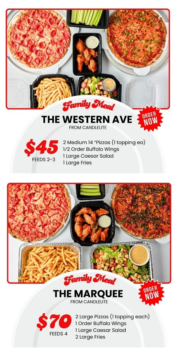 Family meal featuring pizza and buffalo wings from a pizzeria