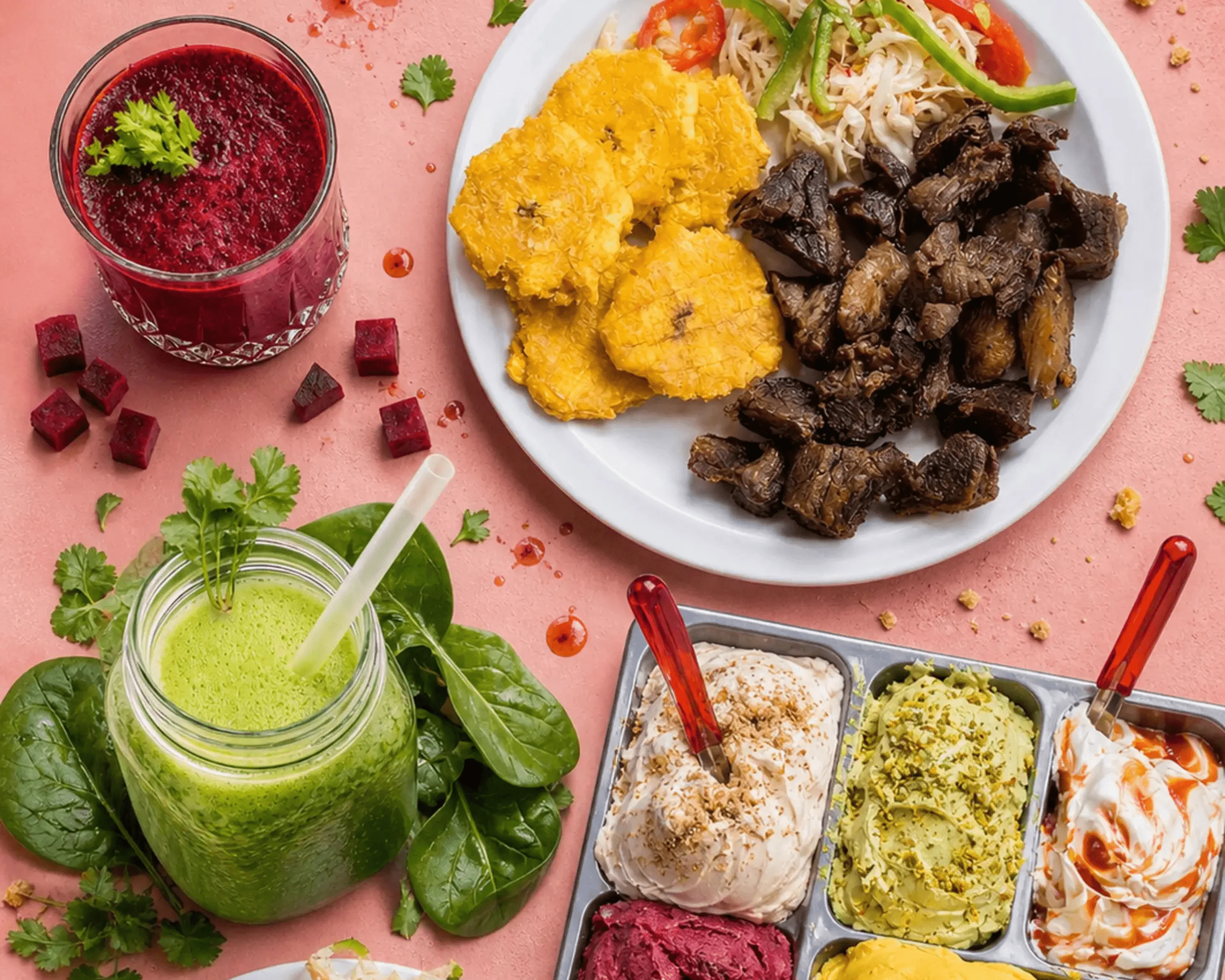 Plate of Colombian bandeja paisa with plantains and beef
