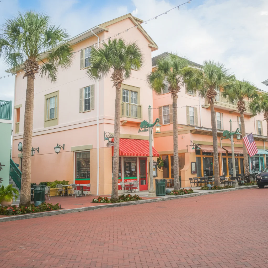 Charming restaurant exterior with palm trees and colorful facades