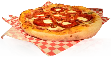 Delicious pepperoni pizza on a checkered plate