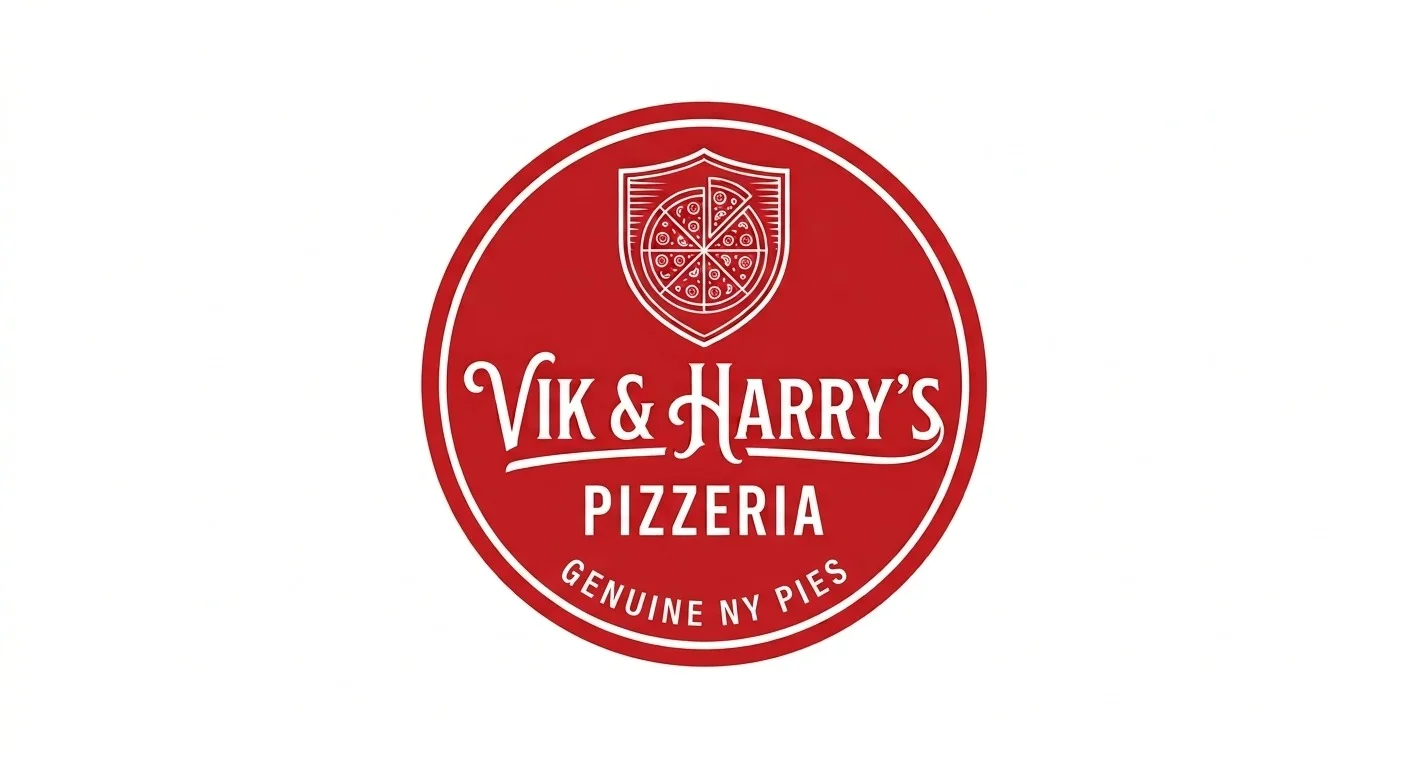 Logo of Vik & Harry's Pizzeria featuring a pizza design