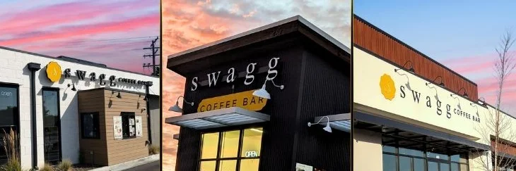 Exterior views of Swagg Coffee Bar locations at sunset