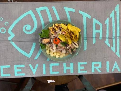 Peruvian ceviche served with plantain chips