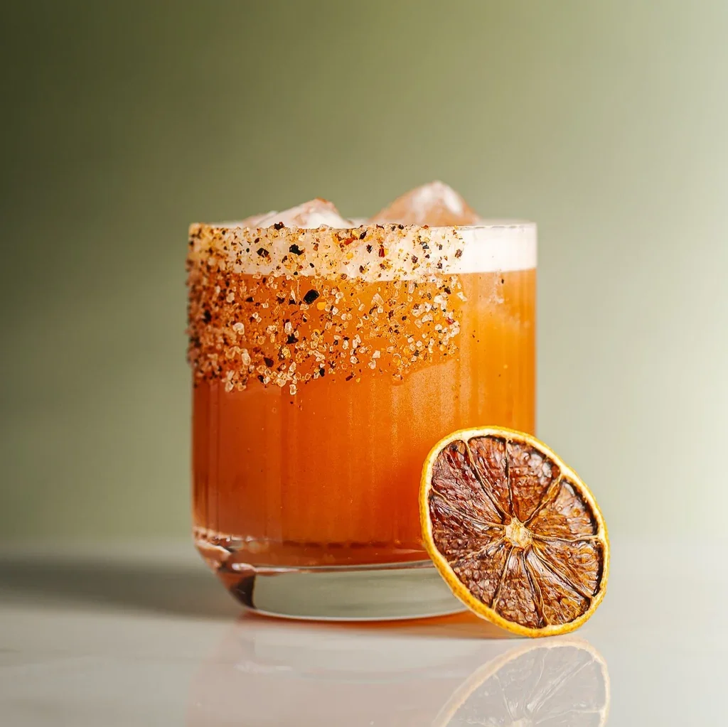 Craft cocktail with a spiced rim and dried citrus garnish