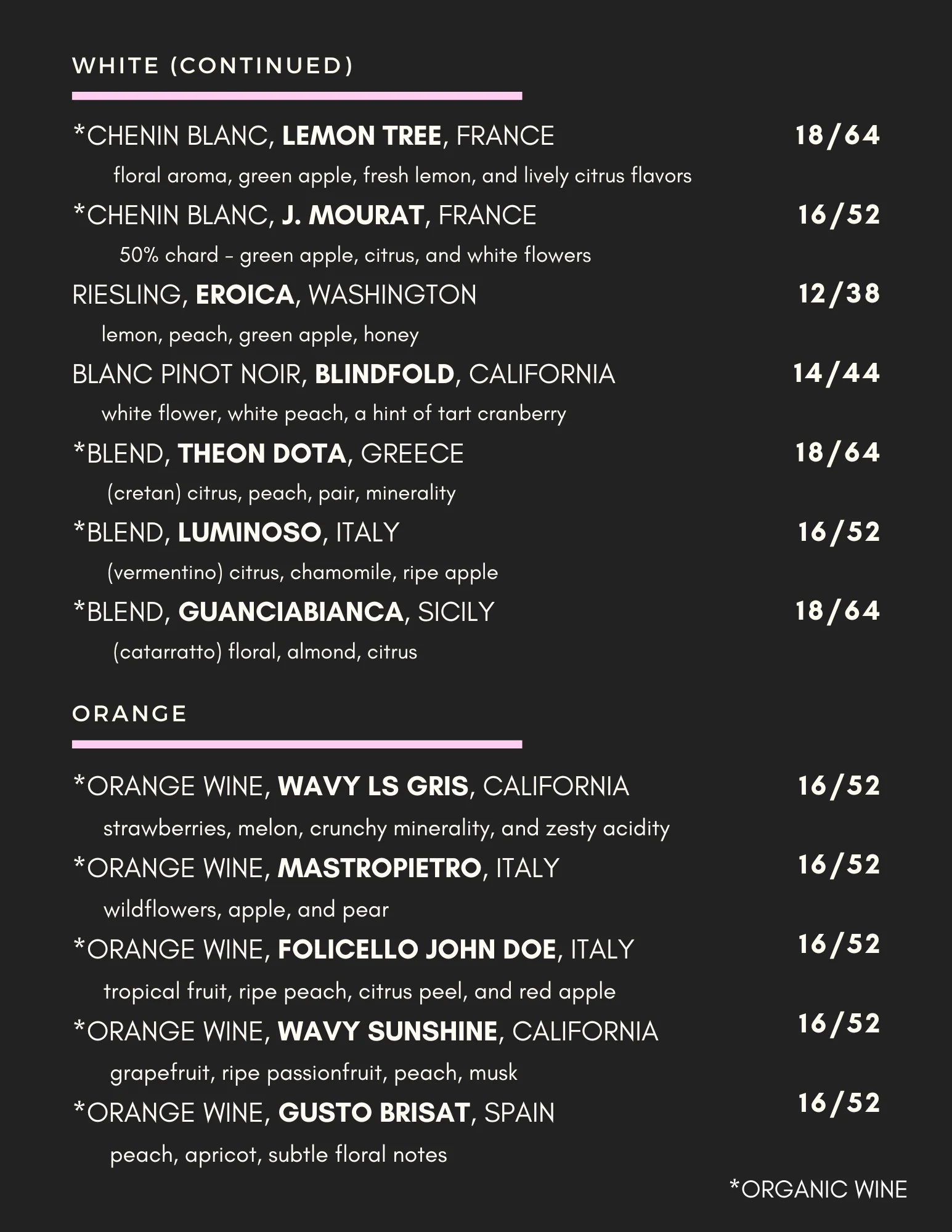Wine menu featuring diverse selections of organic white and orange wines