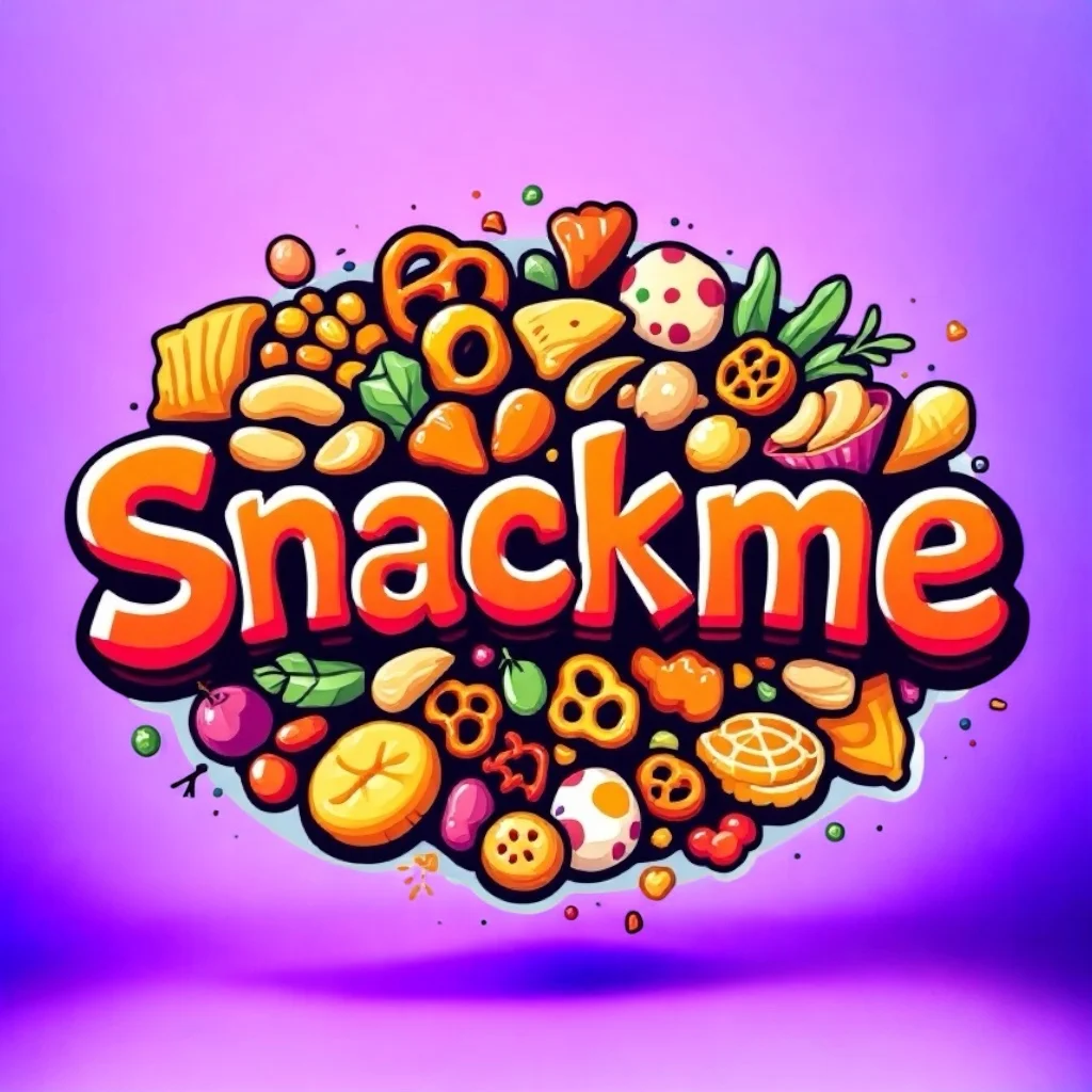 A colorful illustration featuring the word 'Snackme' surrounded by various snacks including chips, pretzels, and candies, on a vibrant purple background.