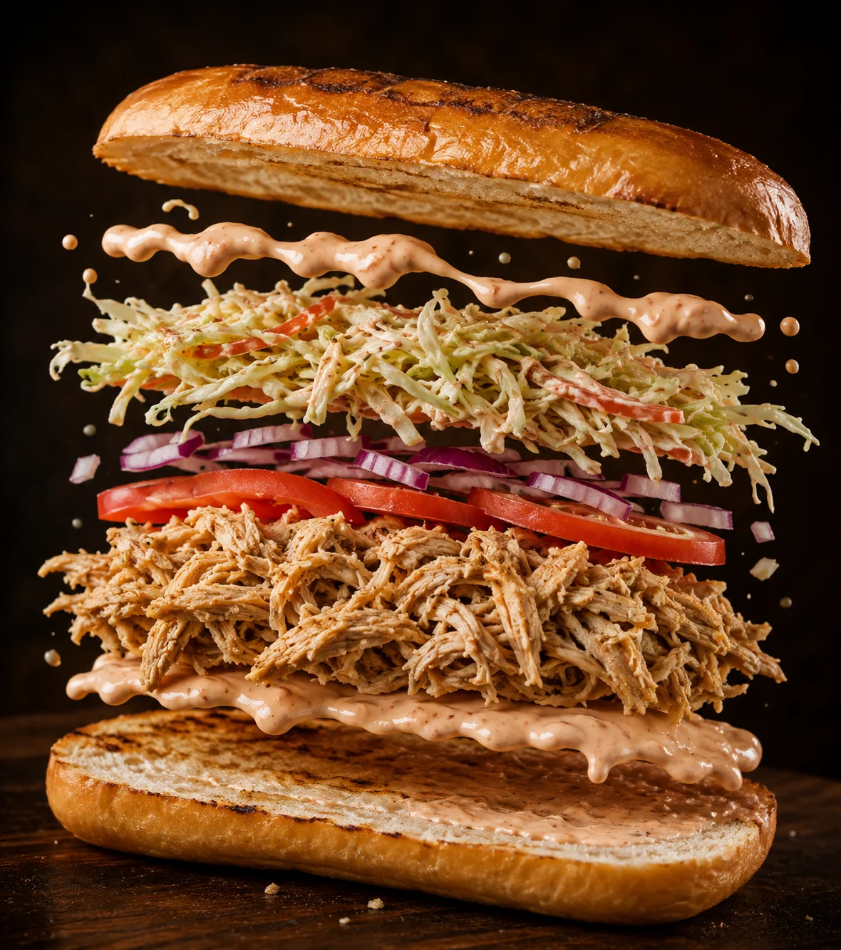 A stacked sandwich featuring shredded chicken, slaw, lettuce, tomato, and sauce, all held between two toasted buns.
