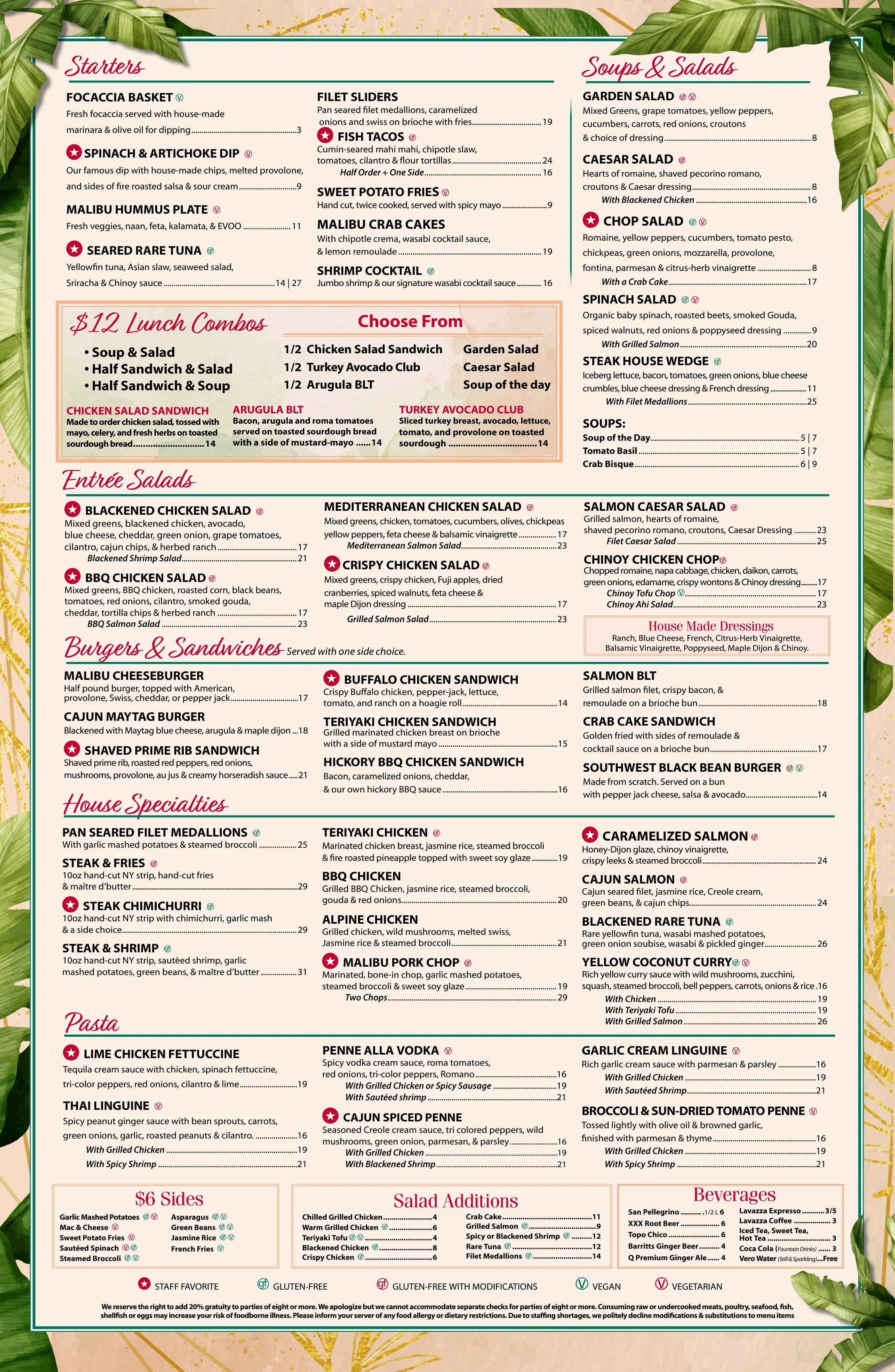 Diverse restaurant menu featuring global cuisines and specialties