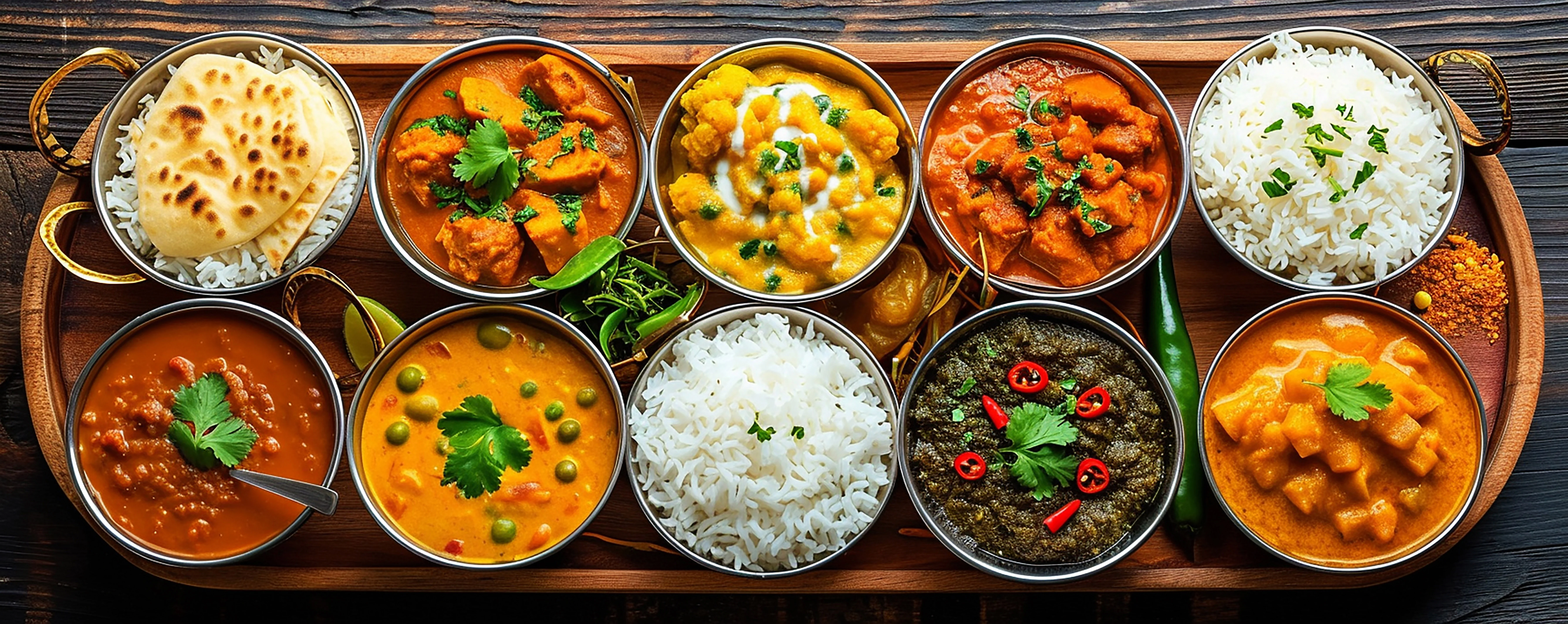 Assorted Indian thali with curries, rice, and naan bread