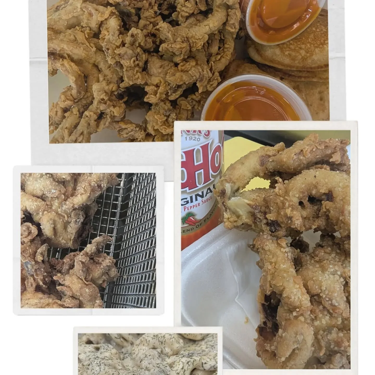 A variety of fried chicken pieces served alongside pancakes and dipping sauces, showcasing a crispy texture and golden color.